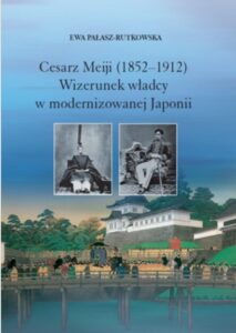 Okładka książki "Cesarz Meiji". Błękitne niebo, na pierwszym planie pałac w japońskim stylu